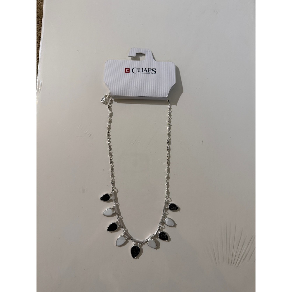Chaps Silver Tone Black and‎ White Teardrop Statement Necklace 60517221-Z01 NEW